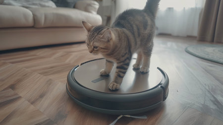 Cat riding a robot vacuum cleanerの素材