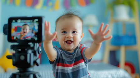 Baby video blogger in front of cameraの素材