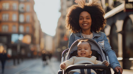 Young mom confidently pushing baby carriage down the streetの素材