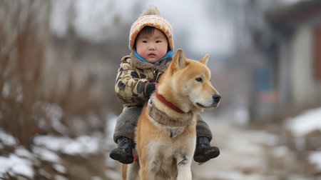 Baby riding on dogの素材