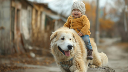 Baby riding on dogの素材