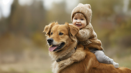 Baby riding on dogの素材