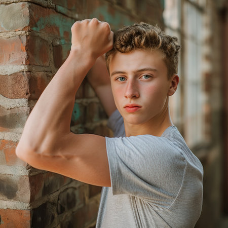 Young athletic man showing his bicepsの素材