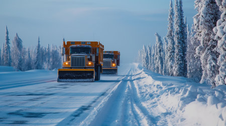 Snowplows clearing snow on the roadの素材