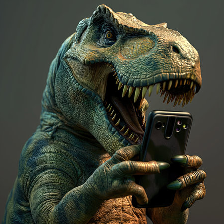 Tyrannosaurus rex holding a smartphone in its front pawsの素材