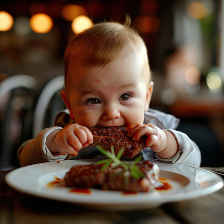 Baby eating beefsteakの素材