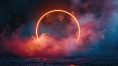 Dust illuminated by round neon lightの素材