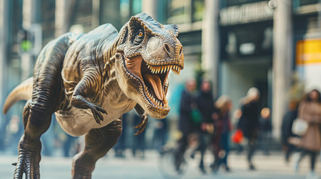 Dinosaurs running through a modern cityの素材