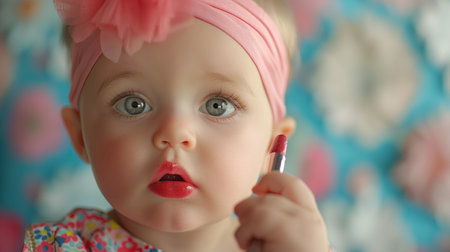 Little girl painting her lips with red lipstickの素材