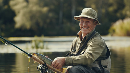 Joyful fisherman fishingの素材