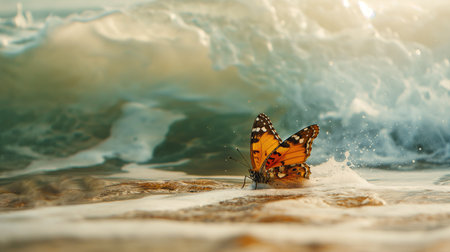 Butterfly flapping its wings against the background of the seaの素材