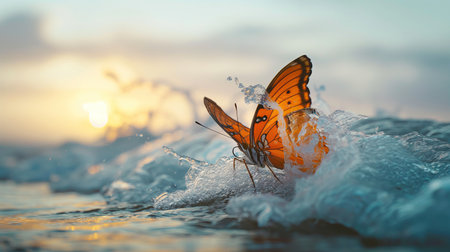Butterfly flapping its wings against the background of the seaの素材