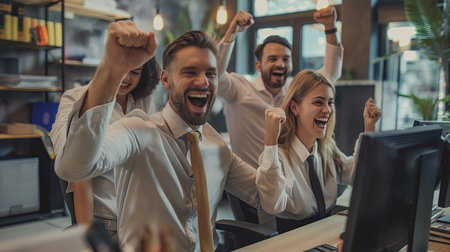Business people celebrate the success of the teamの素材