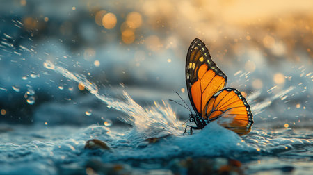Butterfly flapping its wings against the background of the seaの素材