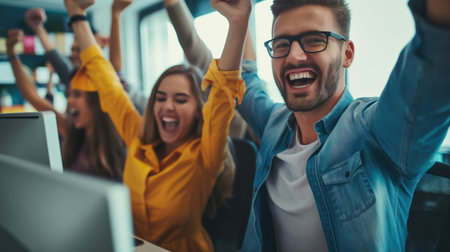 Business people celebrate the success of the teamの素材