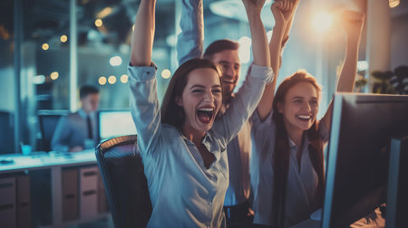 Business people celebrate the success of the teamの素材