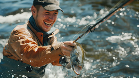 Joyful fisherman fishingの素材