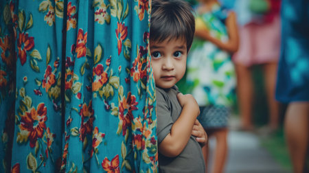 Little kid hiding behind his moms skirtの素材