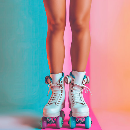 Womans feet shod in roller skatesの素材
