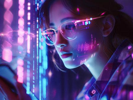 A programmer with glasses looks at the screen with the program codeの素材