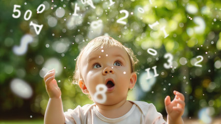 Mathematical numbers fly around a babyの素材