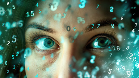 Mathematical numbers fly around the womanの素材