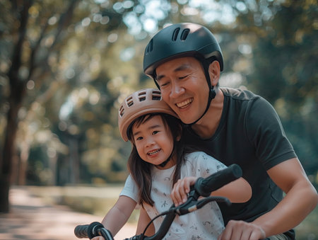 Happy dad and daughter riding bicyclesの素材