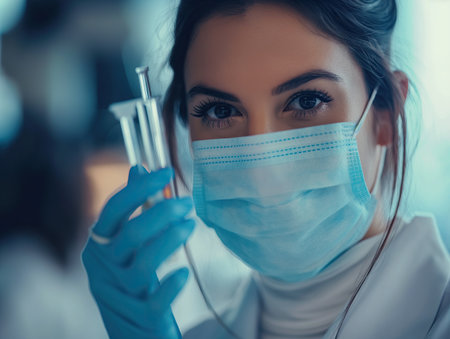 Female scientist in medical mask in medical research laboratoryの素材