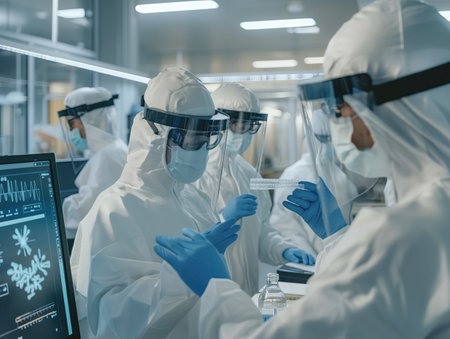 A team of microbiologists in protective suits and masksの素材