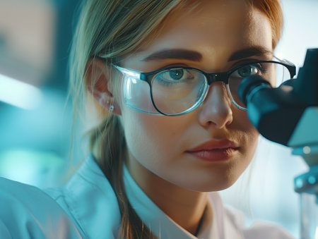Woman in white coat behind microscope in medical laboratoryの素材