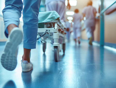 The feet of a doctor running along the corridor of a hospitalの素材