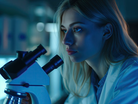 Woman in white coat behind microscope in medical laboratoryの素材