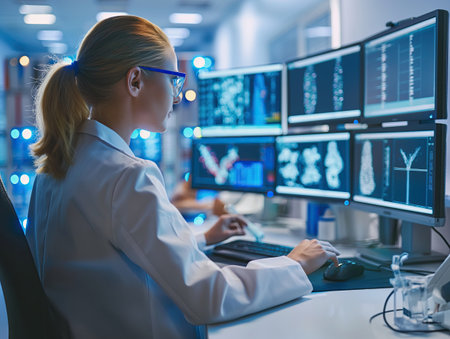 Female scientist at computer in medical research laboratoryの素材