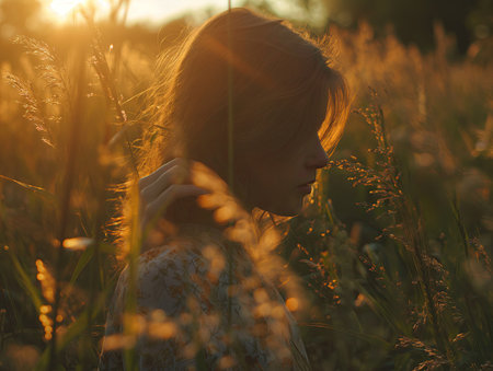 Girl walking on meadow at sunset in summerの素材