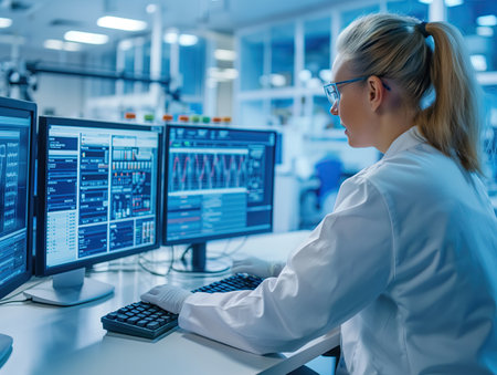 Female scientist at computer in medical research laboratoryの素材