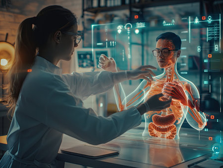 Bioengineer working with human computer modelの素材