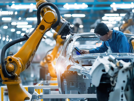Automobile factory engineer at work. Robotic manipulators create carsの素材