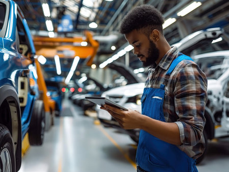 Automobile factory engineer at work. Robotic manipulators create carsの素材