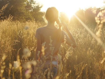Girl walking on meadow at sunset in summerの素材