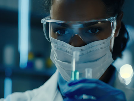 Female scientist in medical mask in medical research laboratoryの素材