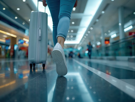 Legs of woman with luggage walking at airportの素材