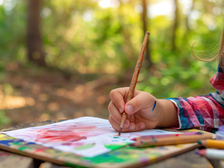 Hands of a child drawing with paints in the parkの素材