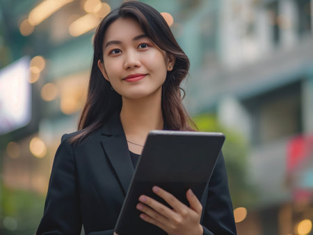 Asian business woman dressed in suit with tabletの素材