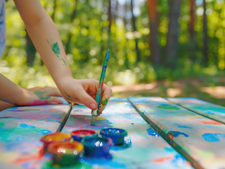 Hands of a child drawing with paints in the parkの素材