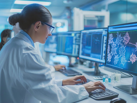 Female scientist at computer in medical research laboratoryの素材