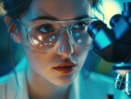 Female scientist in laboratory working with microscopeの素材