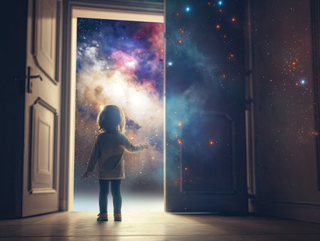 The girl touches the universe with her handsの素材