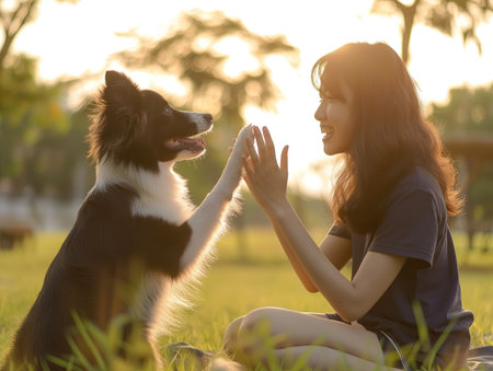 Cute dog greeting paw touching mans handの素材