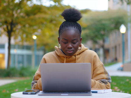 Dark-skinned woman using laptop outdoorsの素材