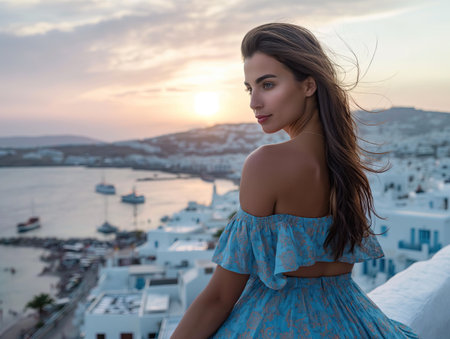 Beautiful woman in blue dress on the background of the cityの素材